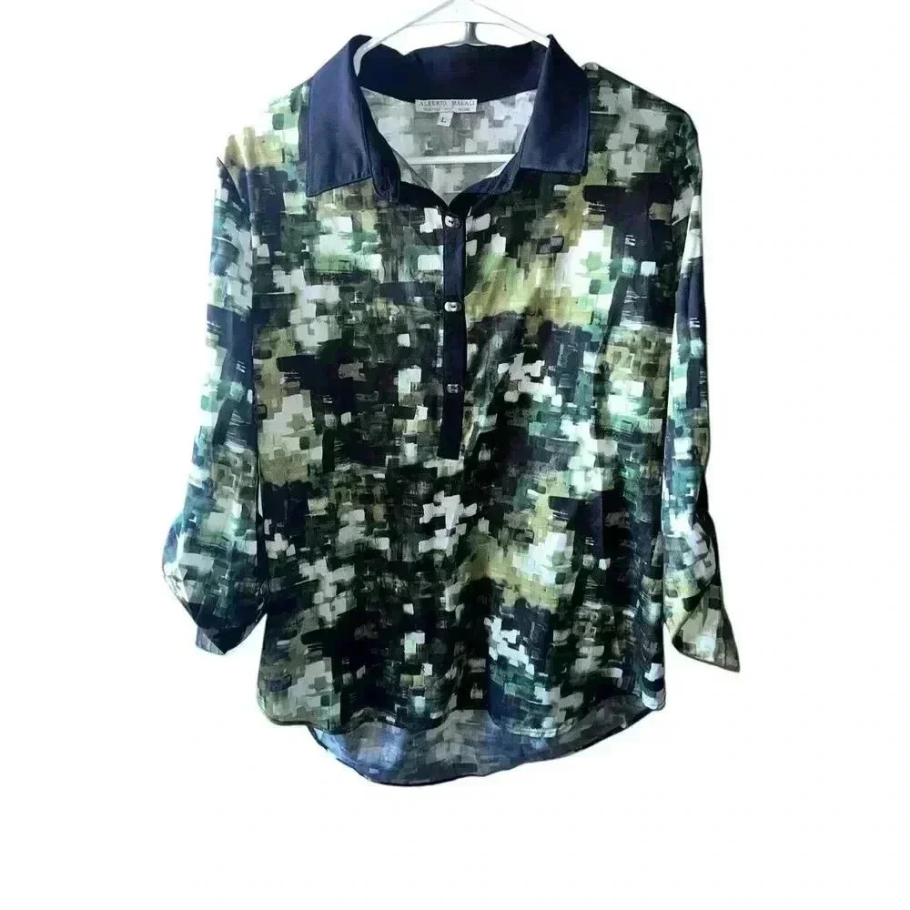 Vtg RareAlberto Makali Sz L Blouse Collar Button Down Long Sleeves Ethnic Goblin